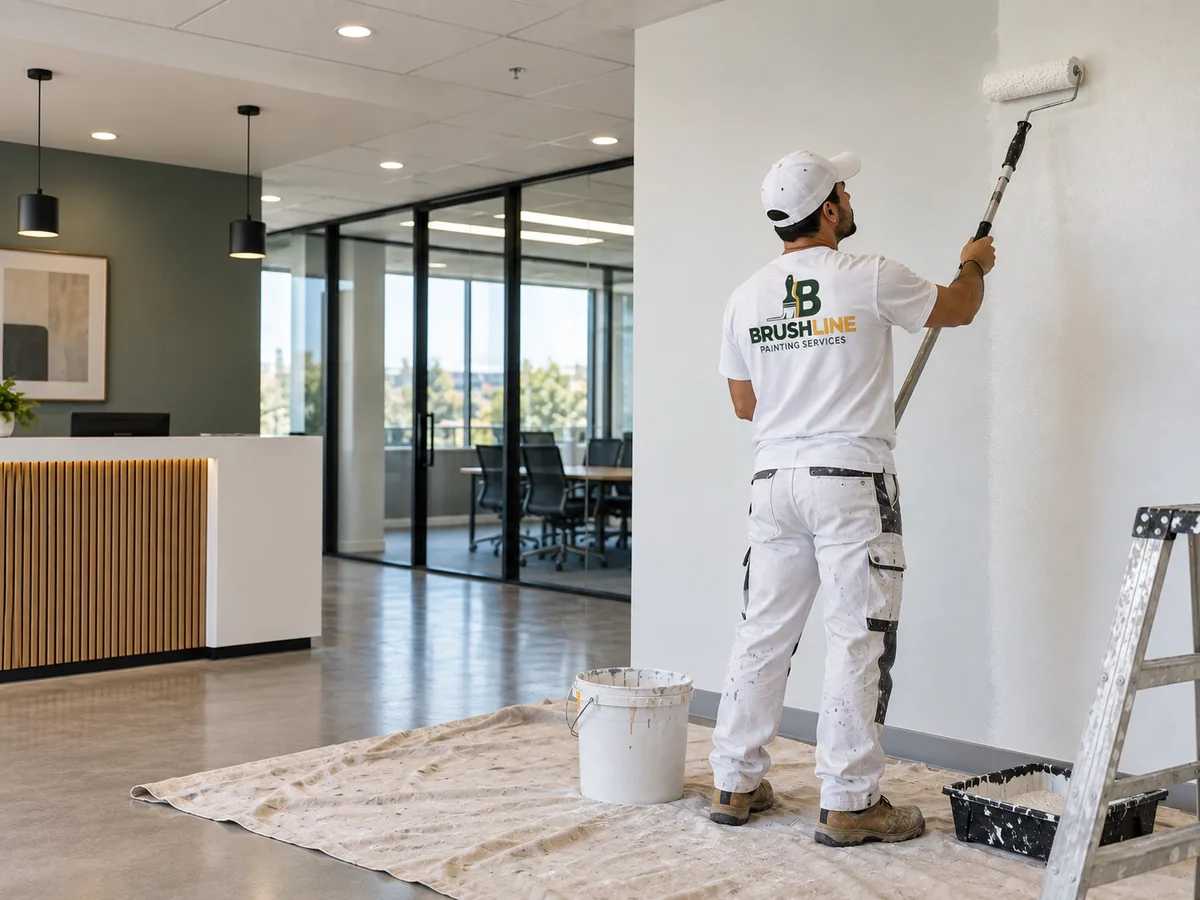 Painter refreshing a modern office interior