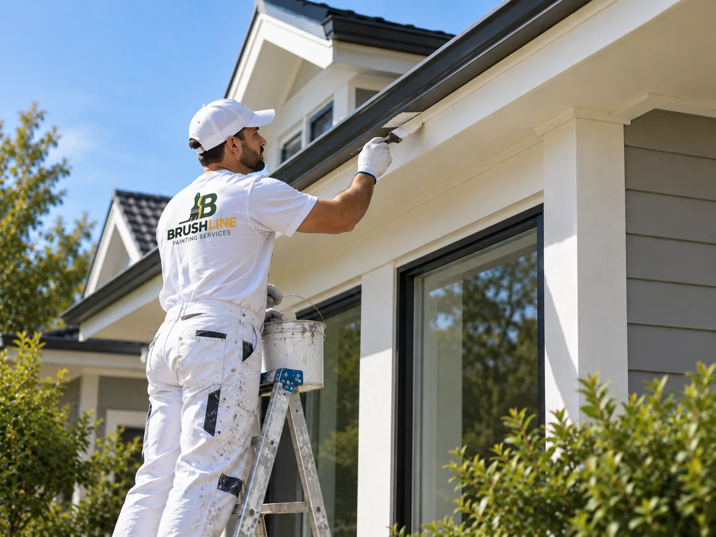 Painter working on the exterior of a modern home