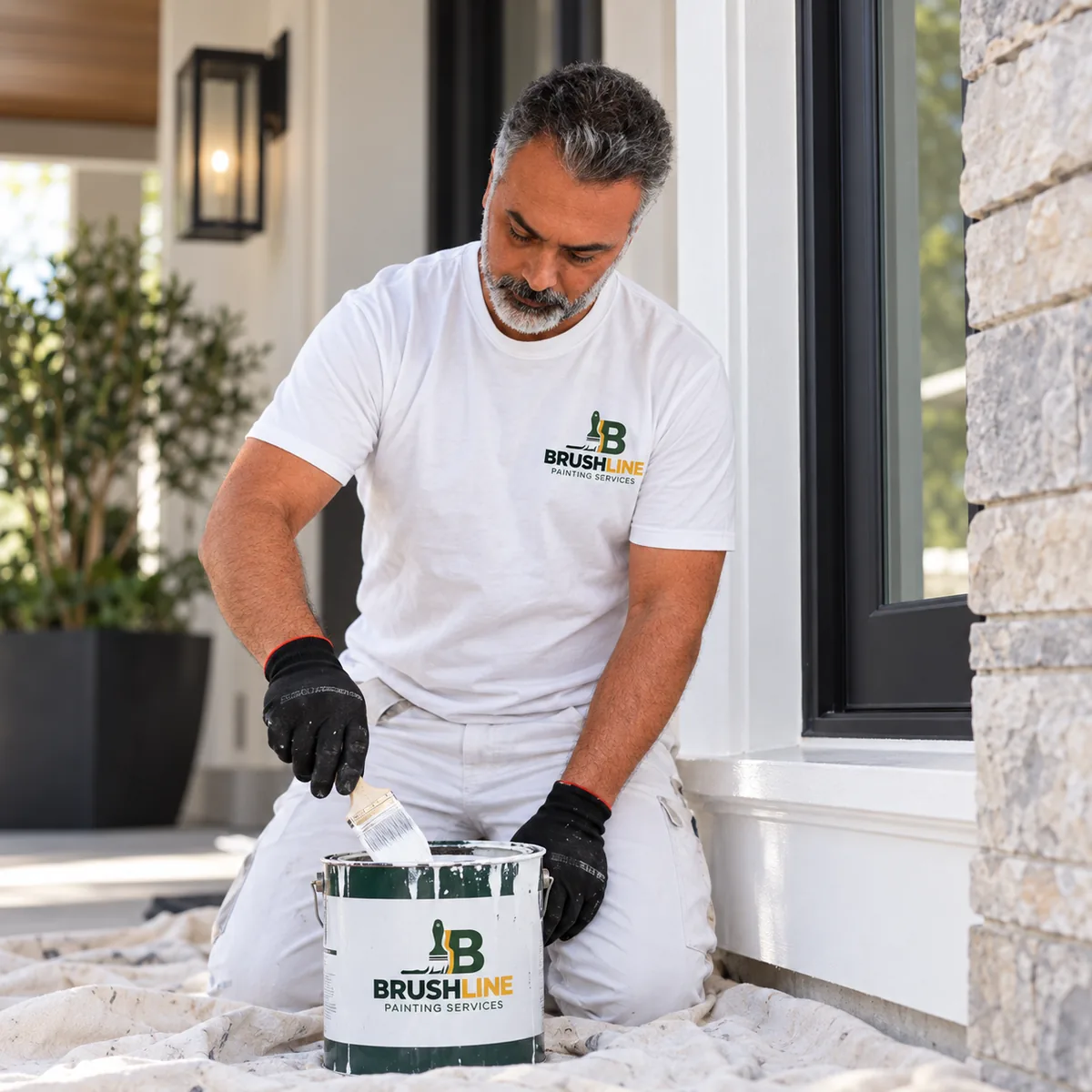 Brushline painter preparing paint at a residential property
